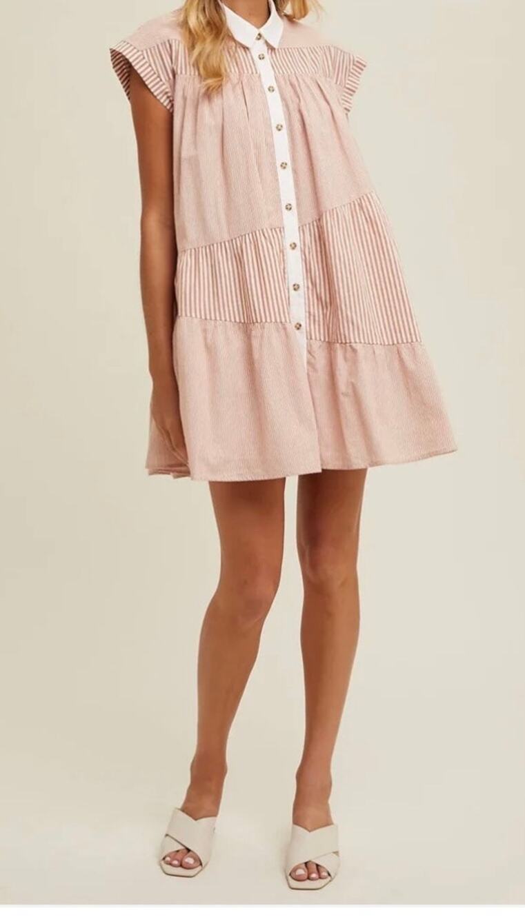 MULTI-STRIPED BUTTON-UP MINI DRESS